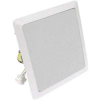 Altoparlante quadrato con cornice bianca per montaggio a soffitto o a parete, con cavo e supporto visibili.