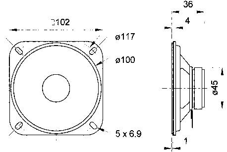 Disegno tecnico di un altoparlante con vista frontale e laterale; mostra il diametro e le dimensioni per l'installazione e il montaggio.