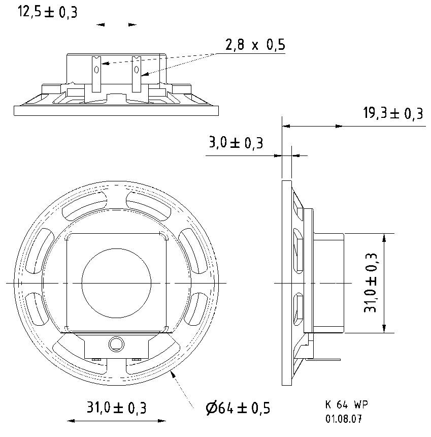Disegno tecnico di un altoparlante con misure: diametro 64 mm, altezza 31 mm, fori e descrizioni dettagliate.