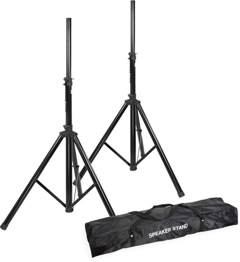 Due supporti per altoparlanti neri posizionati accanto a una borsa nera con la scritta 'Speaker Stand'.