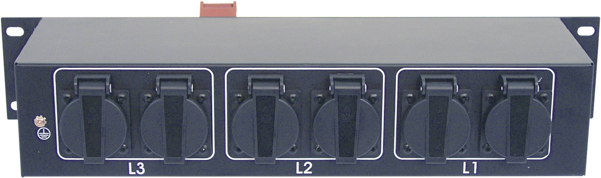 Pannello elettrico a rack con sei prese elettriche nere, etichettate come 'L3', 'L2', 'L1'.