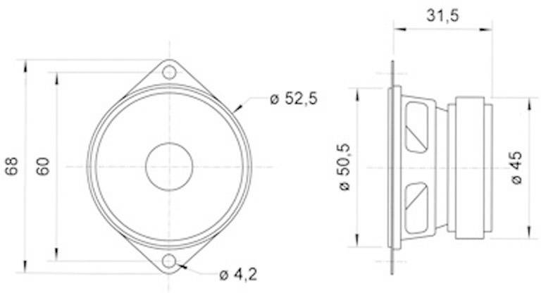 Disegno tecnico di un altoparlante rotondo con dimensioni: diametro 52,5 mm, profondità 31,5 mm, larghezza 68 mm, altezza 60 mm.