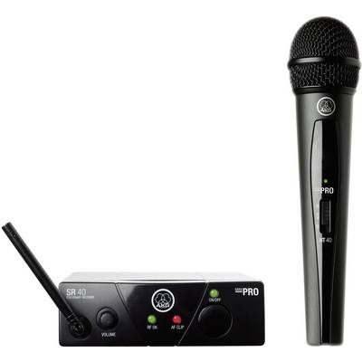 'Set di microfoni wireless con ricevitore e microfono. Il ricevitore mostra spie di stato per RF e AF. Microfono con logo del marchio e interruttore.'