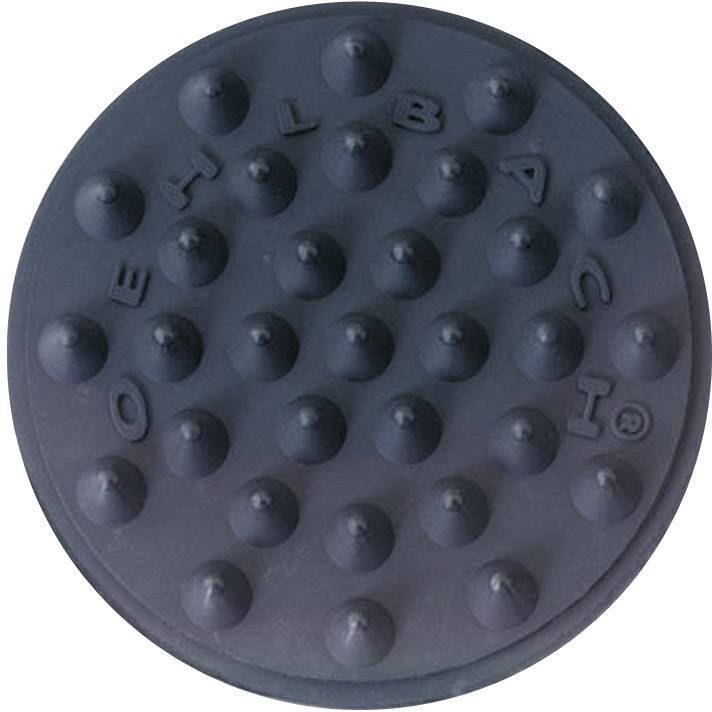 Tappetino rotondo in gomma blu scuro con rilievi a bottone e scritta impressa 'OEHLBACH'; presumibilmente utilizzato per l'attenuazione delle vibrazioni.