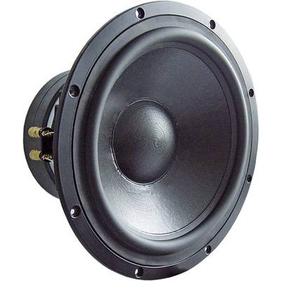 Primo piano di un altoparlante nero con subwoofer visibile, che mostra la vista frontale e i connettori sul lato sinistro.