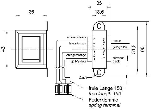 'Disegno tecnico di un interruttore elettrico con dimensioni. Connessioni: rosso/rosso, giallo/giallo, nero/nero, marrone/marrone, arancione/arancione.'