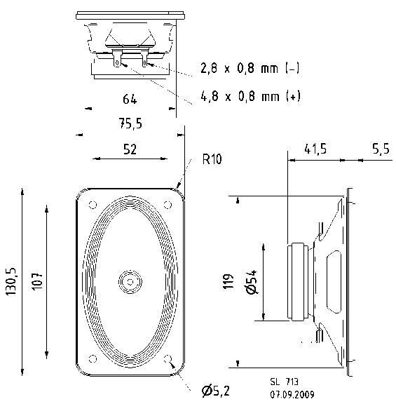 'Disegno tecnico di un altoparlante rettangolare con dimensioni: 130,5 x 75,5 mm. Dettagli sui fori, raggio R10 e profondità 52 mm.'