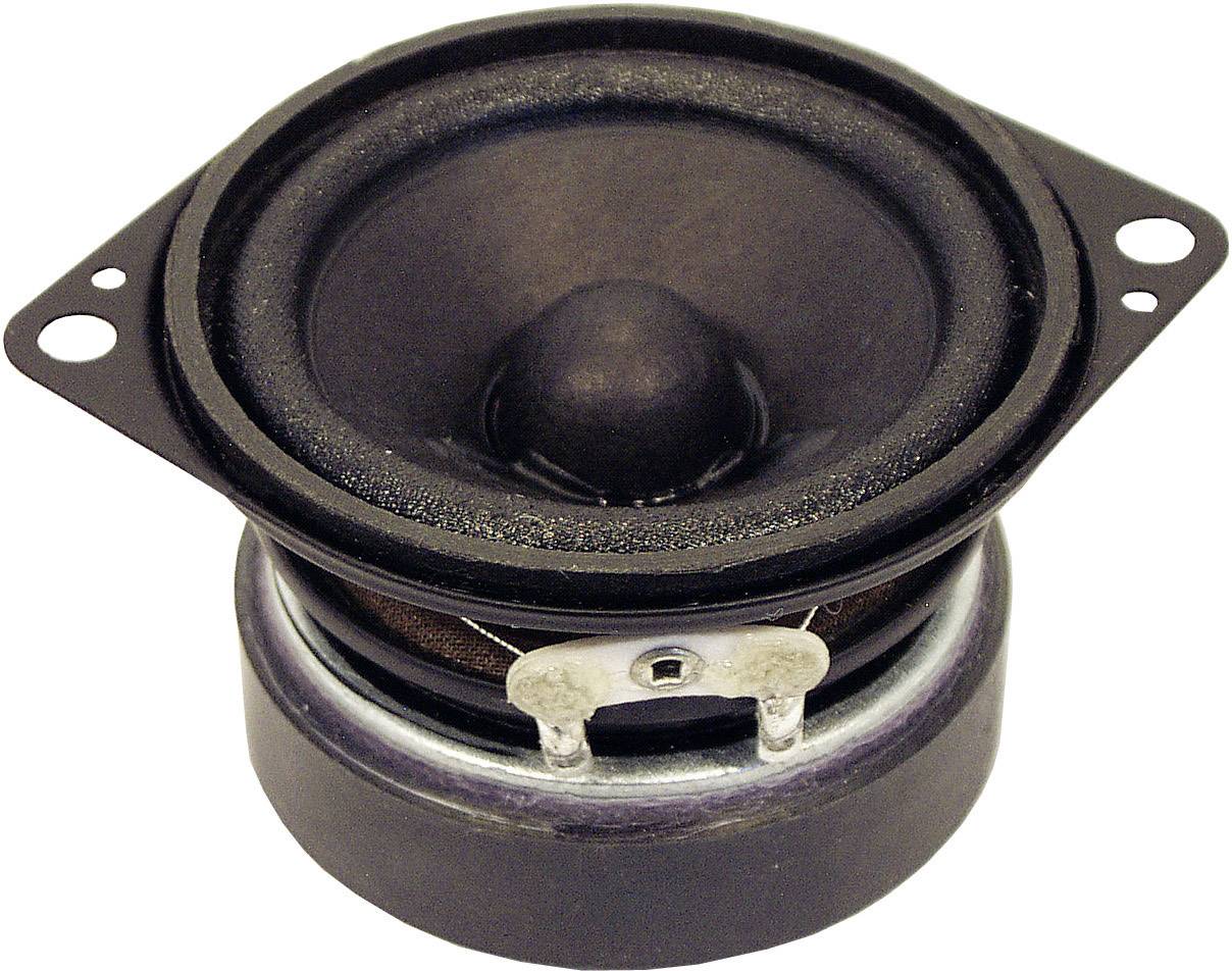 Un altoparlante nero su sfondo bianco. L'altoparlante rotondo ha due occhielli di fissaggio e un magnete cilindrico.