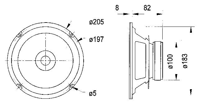Disegno tecnico di un altoparlante con dimensioni: diametro 205 mm, profondità 82 mm, fori di fissaggio con diametro di 5 mm.