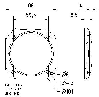 Disegno tecnico di un supporto quadrato con dimensioni 86 mm x 86 mm e raccordi per il fissaggio. La vista laterale mostra una profondità di 8,5 mm.