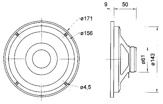 Disegno di un altoparlante rotondo con vista frontale e laterale. Misure indicate: diametro 171 mm, profondità 50 mm.