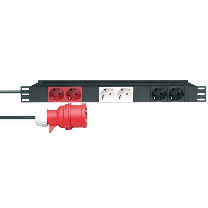 Una multipresa con prese elettriche rosse, bianche e nere, collegata a una spina industriale multipolare.