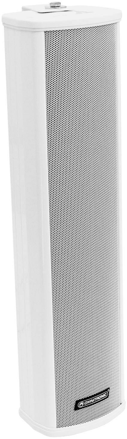 Altoparlanti dal design sottile e verticale con involucro bianco e griglia argentata, adatti per spazi pubblici o eventi.