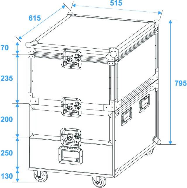 Disegno tecnico di un trolley rettangolare con le seguenti dimensioni: altezza 795 mm, larghezza 615 mm, profondità 515 mm, dotato di ruote.