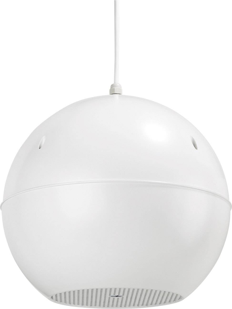 Lampada da soffitto bianca, sferica, realizzata in plastica, con cavo elettrico a vista e fessure sul bordo inferiore per l'emissione della luce.