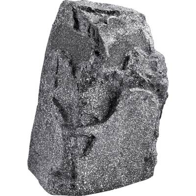 Un altoparlante grigio, simile a una roccia, con una texture granulosa.