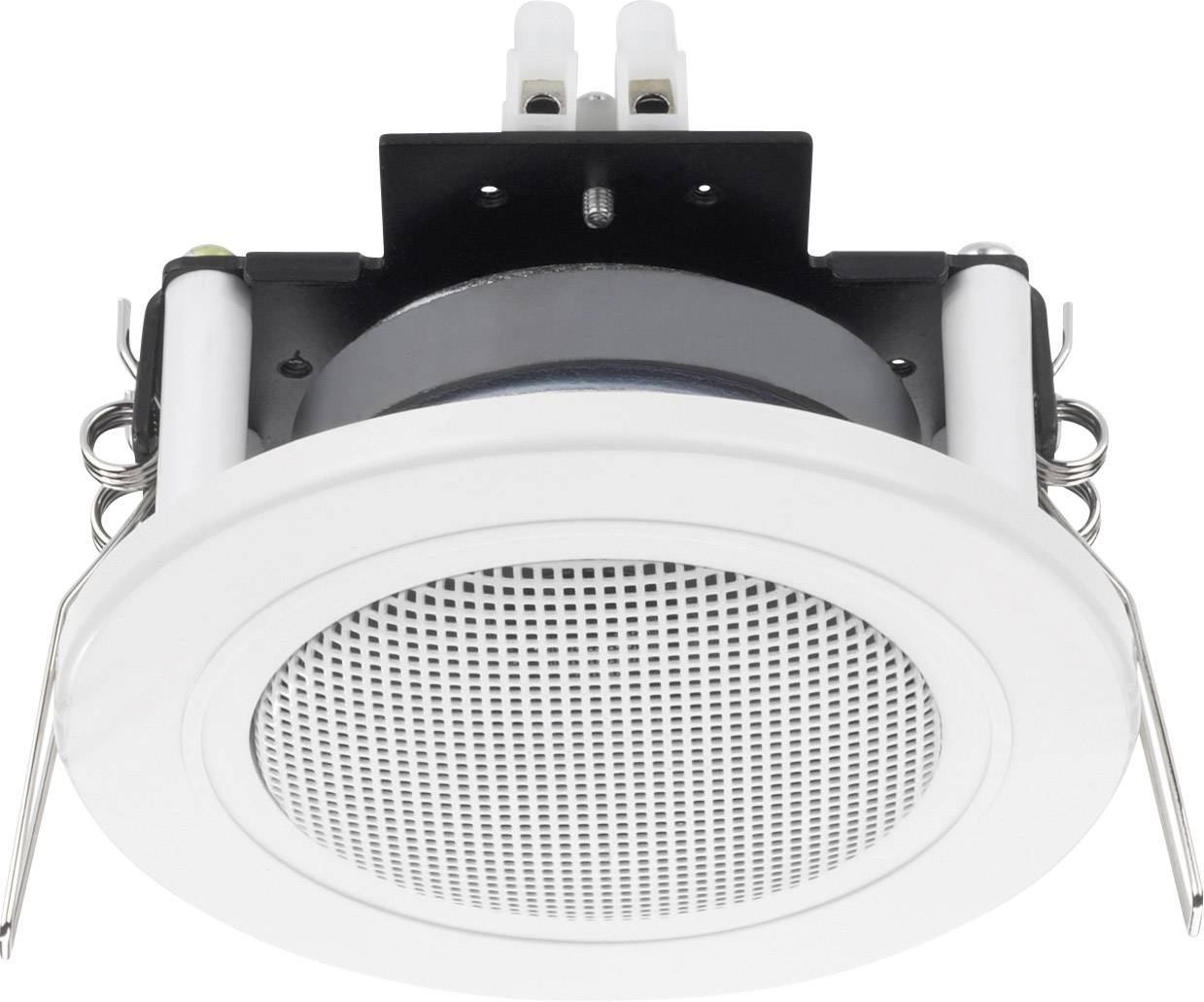 Un altoparlante da incasso a soffitto rotondo bianco con involucro nero e staffe metalliche per il fissaggio.