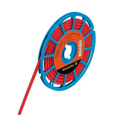 Un rotolo di tubo isolante rosso con cornice blu. Sull'etichetta è scritto 'Weidmüller'. Questi tubi vengono utilizzati per installazioni elettriche.