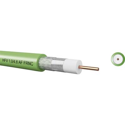Cavo coassiale verde con nucleo in rame e marcatura 'HFV 1.0/4.8 AF FRNC'. La sezione trasversale mostra gli strati di isolamento.