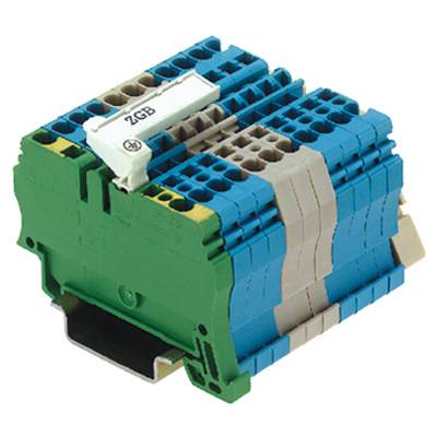 Un blocco terminale verde, elettrico, con connettori blu e grigi e la scritta 'ZGB'. Idoneo per cablaggi.