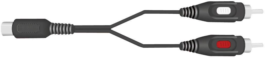 Un cavo adattatore Y con un connettore RCA femmina e due connettori RCA maschi, tipicamente utilizzato per distribuire segnali audio o video.