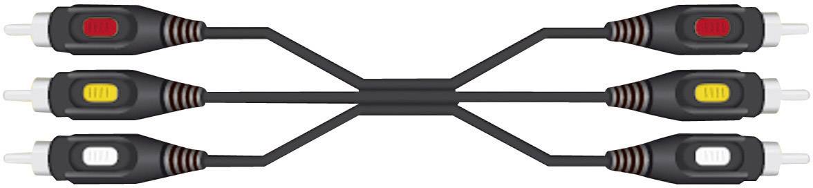 Un cavo AV con sei spine: tre gialle, rosse e bianche su entrambe le estremità. Serve per la trasmissione di segnali audio e video.