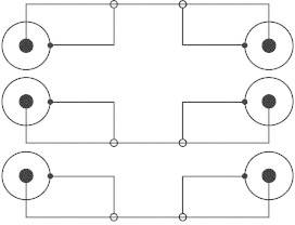 Schema elettrico con due circuiti paralleli. Ogni cerchio ha due cerchi connessi con linee che rappresentano i collegamenti.