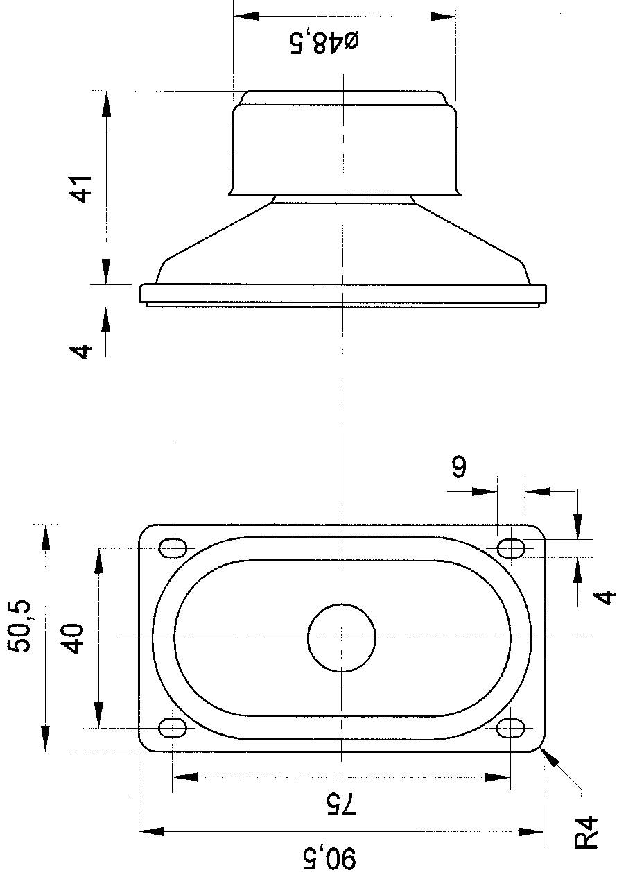 Disegno tecnico di un altoparlante con misure: diametro 48,5 mm, altezza 41 mm, larghezza 90,5 mm, altezza 50,5 mm.