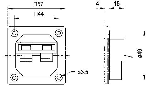 Disegno tecnico di un involucro per presa elettrica rettangolare con dimensioni: larghezza 57 mm, profondità totale 19 mm, profondità involucro 15 mm, diametro foro 3,5 mm.