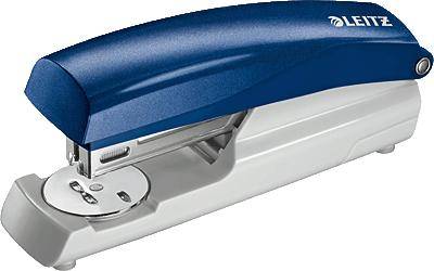 Un taglierina blu e argento del marchio Leitz, posizionata orizzontalmente su una superficie piana, visibile dal lato.