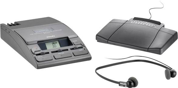 Un dispositivo di registrazione digitale Philips con pedale e cuffie, utilizzato per la trascrizione di registrazioni audio.