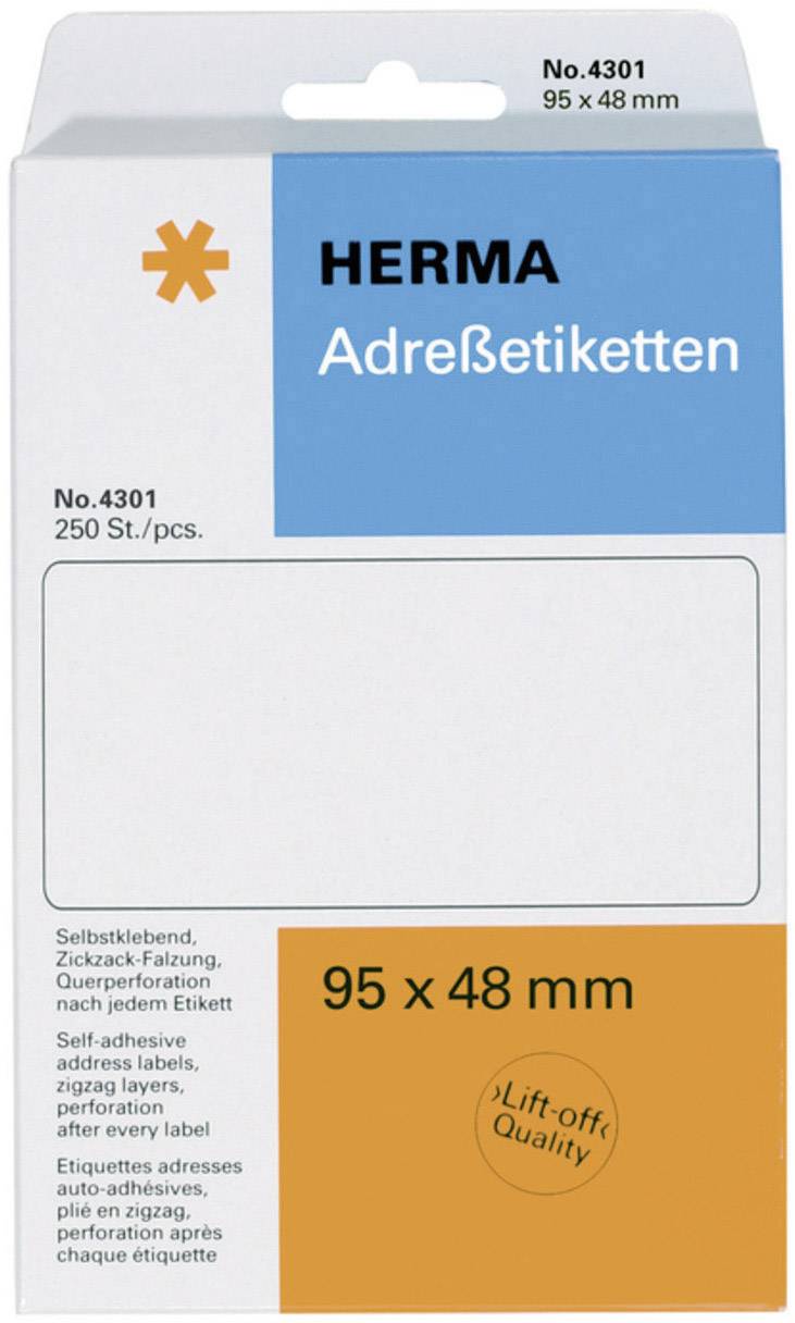 HERMA - Leporellogefaltete, perforierte Endlosadressetiketten - weiß - 95 x 48 mm - 250 Stck. (4301)