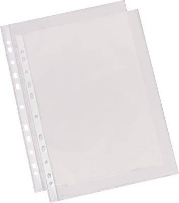 Due custodie trasparenti in plastica, forate sul bordo, sovrapposte una sull'altra. Idonee per proteggere e organizzare documenti cartacei.