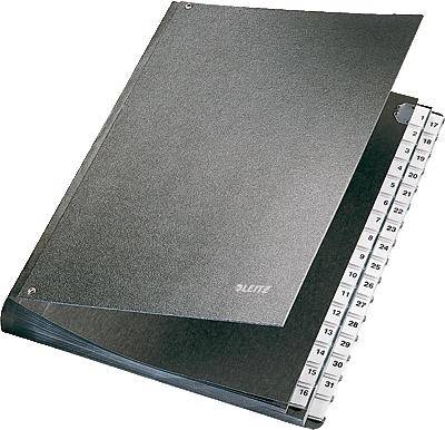 Raccoglitore nero con copertina trasparente, con divisori numerati alfabeticamente da 1 a 31. Ideale per l'organizzazione dei documenti.