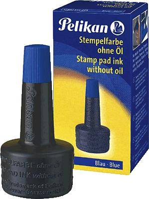 Inchiostro per timbri Pelikan senza olio in blu. Raffigurata la bottiglia accanto alla confezione.