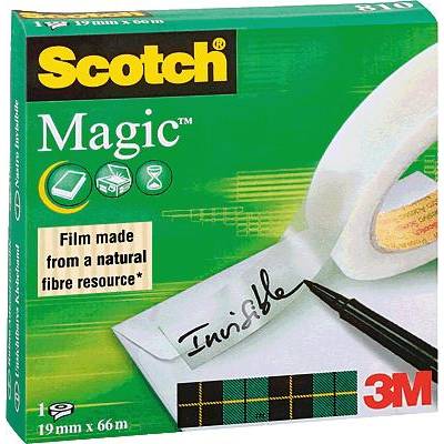 Nastro adesivo trasparente Scotch Magic, che appare invisibile sulla carta. Testo: 'Pellicola realizzata da una risorsa di fibre naturali.'