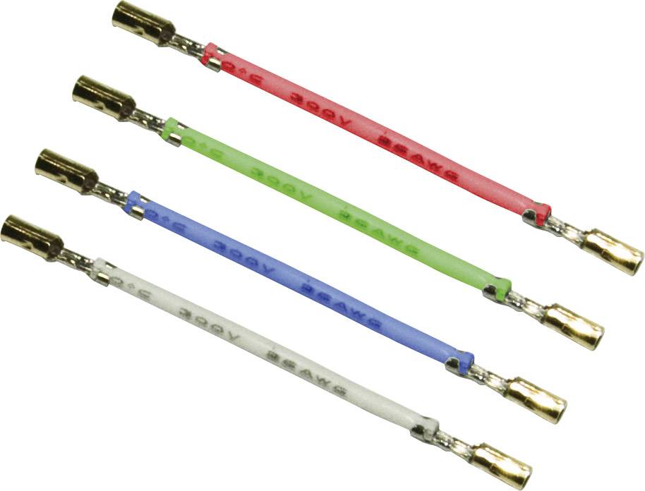 Quattro connettori elettrici di diversi colori: rosso, verde, blu e bianco. Ogni connettore ha dei cappucci terminali dorati.