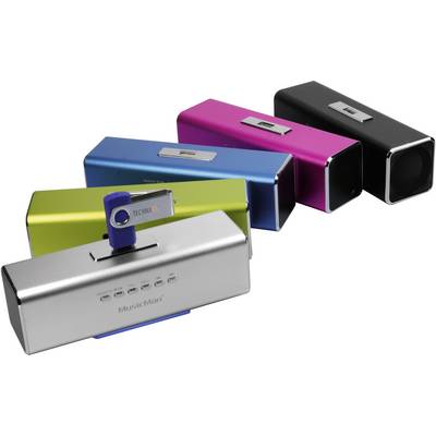 Cinque altoparlanti portatili in diversi colori (argento, verde, blu, rosa, nero) con chiavetta USB, marchio 'MusicMan'.