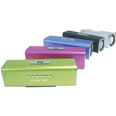 Cinque altoparlanti portatili allineati in diversi colori (verde, rosa, blu, nero, argento), con la scritta "MusicMan" sul lato frontale.