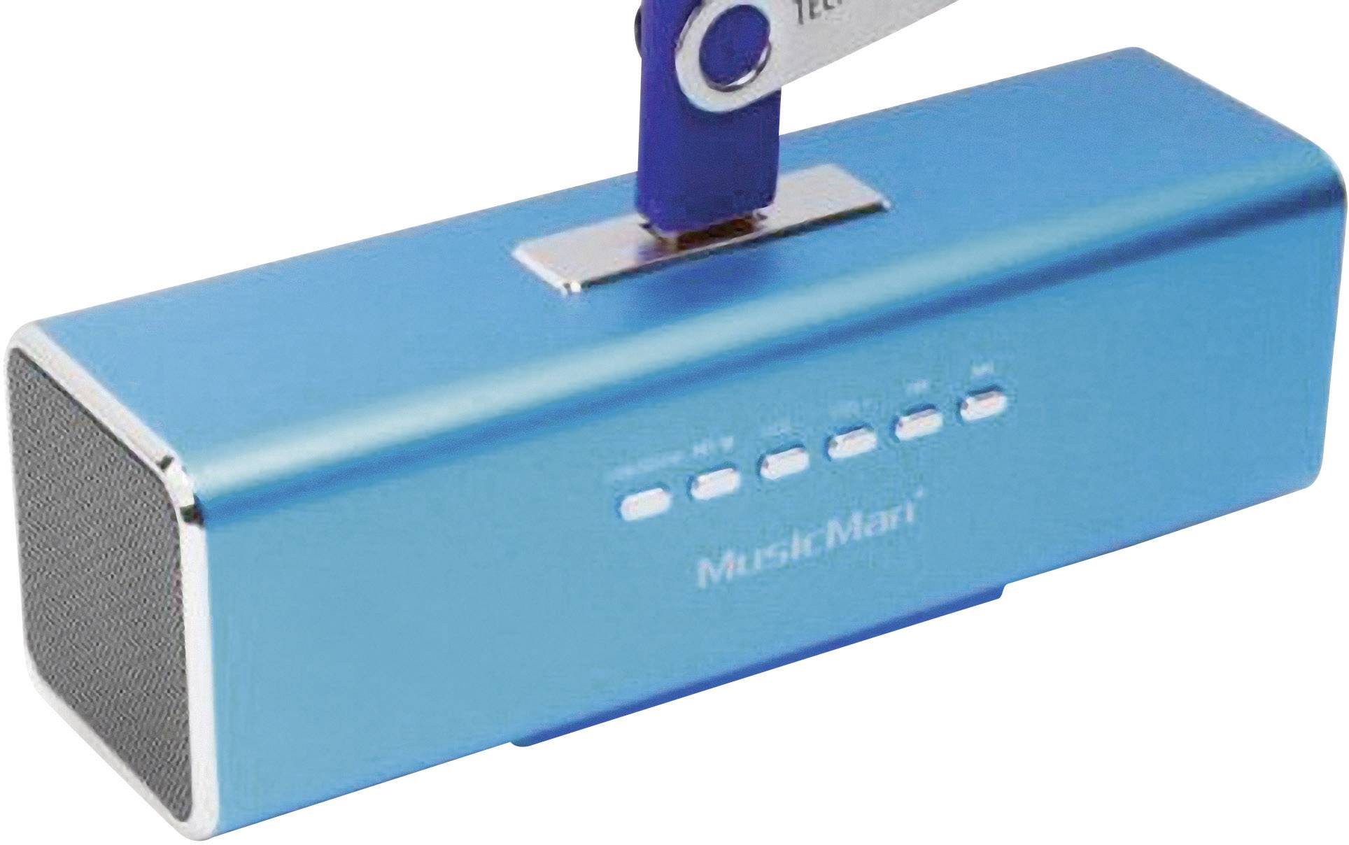 Un altoparlante portatile blu con tasti di controllo sulla parte superiore. Testo 'MusicMan' sulla parte anteriore.