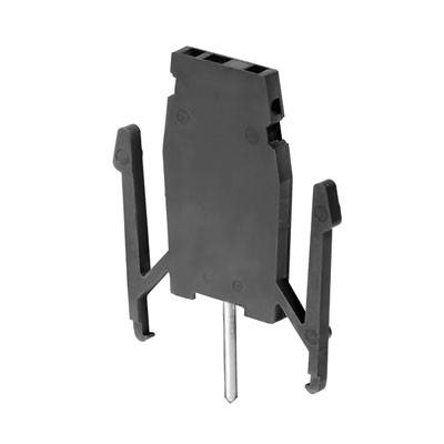 Supporto nero in plastica con due clip laterali e un perno metallico sul lato inferiore, su sfondo bianco.