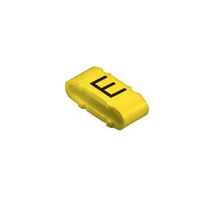 Un marcatore giallo per cavi con scritta nera 'E'.