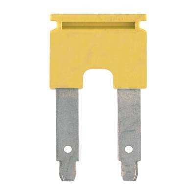 Un fusibile piatto giallo con due spinotti metallici per applicazioni elettriche.