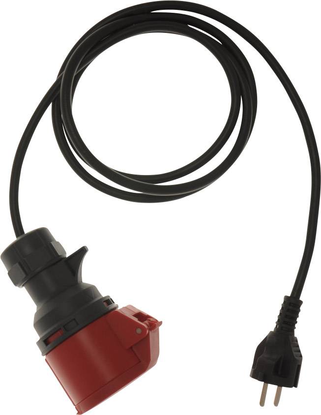Un cavo di prolunga rosso per connessioni elettriche, dotato di una spina CEE e una spina Europlug per diverse applicazioni elettriche.