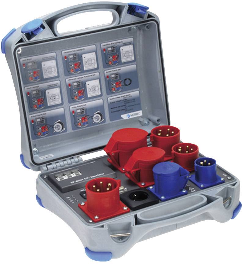 Un tester per prese elettriche portatile e aperto con varie prese rosse e blu per verificare i collegamenti elettrici.