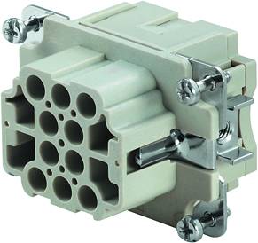 Un connettore multipolare rettangolare con più fori di connessione rotondi ed elementi di fissaggio metallici.