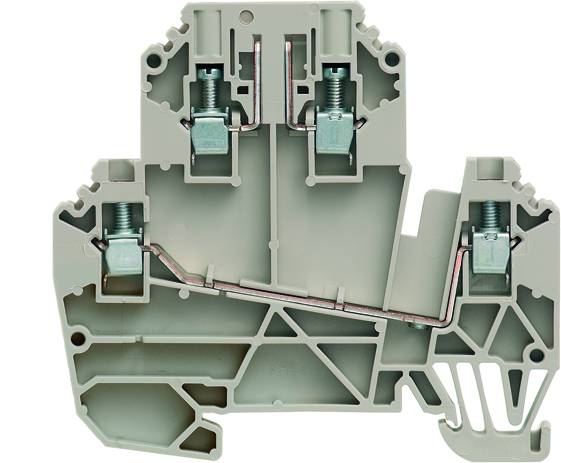 Morsettiera elettrica grigia in serie con connessioni a vite e guida fili, utilizzata per il collegamento sicuro dei cavi all'interno dei quadri elettrici.