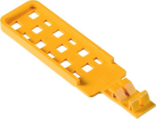 Un utensile di plastica gialla con aperture rettangolari e impugnatura angolata, probabilmente utilizzato per sollevare o rimuovere oggetti.