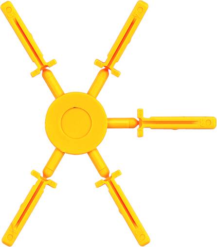 Connessione plastica gialla con sei bracci disposti a forma di stella; ogni estremità del braccio presenta un'espansione.