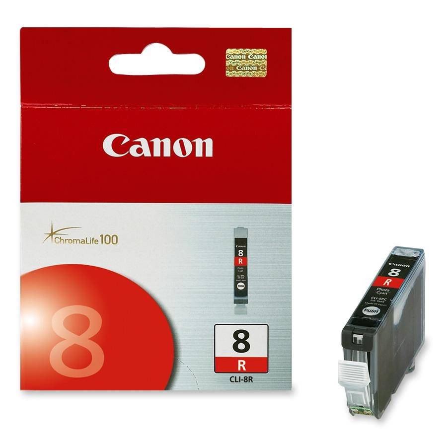 Cartucce per stampanti Canon, modello 'CLI-8R' in confezione rossa. La confezione riporta il logo Canon e il logo ChromaLife-100.